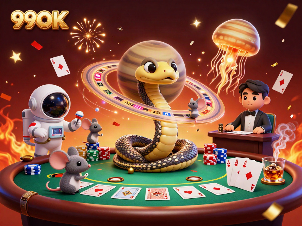 Engage in thrilling bets on a cosmic roulette with 99OK's animated casino scene.