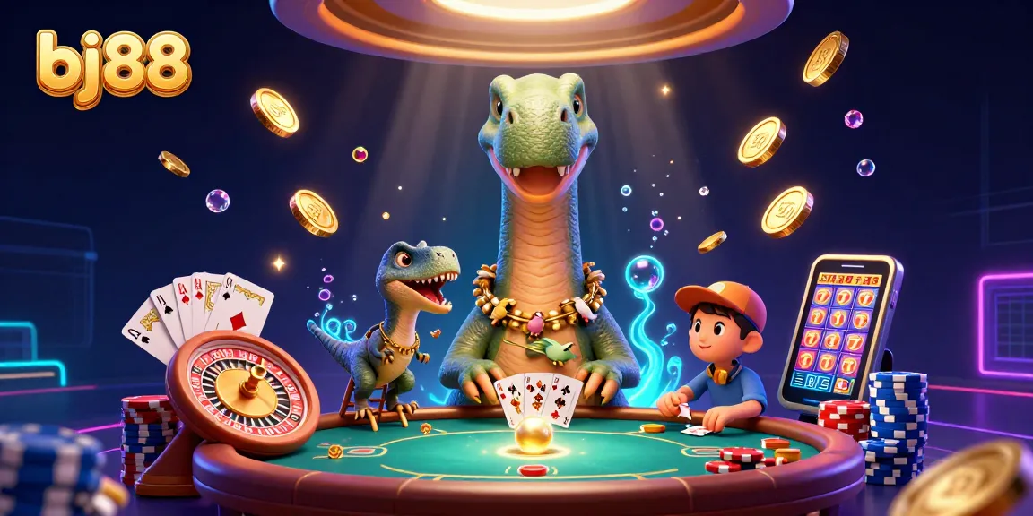 Bj88 engages players with a humorous casino scene featuring a brontosaurus and a clever raptor dealing cards.