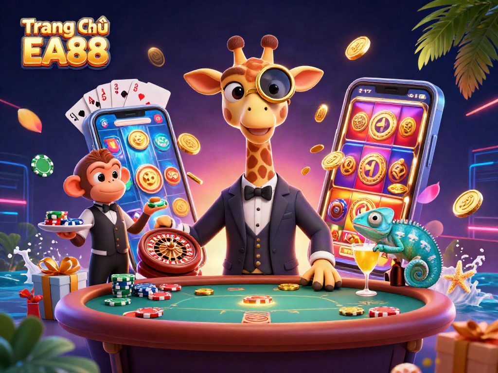 Win big at Trang Chủ EA88 with our vibrant casino illustration featuring a high-roller giraffe!