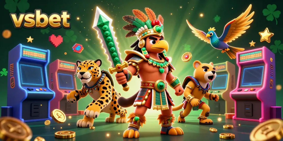 Engage in the vibrant gaming world of vsbet with Aztec-themed characters and dynamic casino elements.