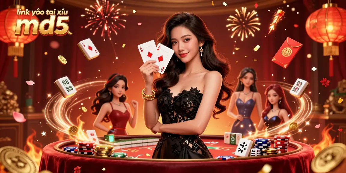 Embrace the excitement of gambling with link vào tài xỉu md5 illustrated by a stunning Asian woman showcasing her poker skills.