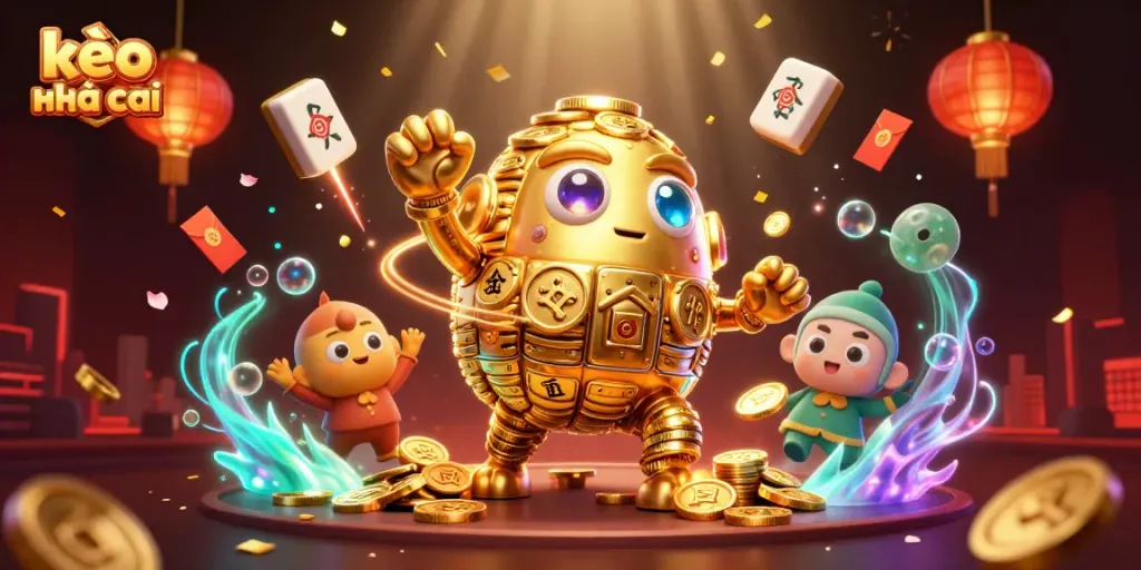 Engage with kèo nhà cái through this vibrant 3D illustration featuring a golden golem and dynamic casino elements.