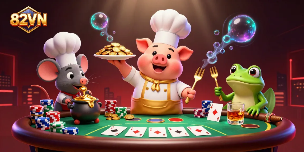 Engage with 82VN and discover golden coin delights in an animated casino scene.