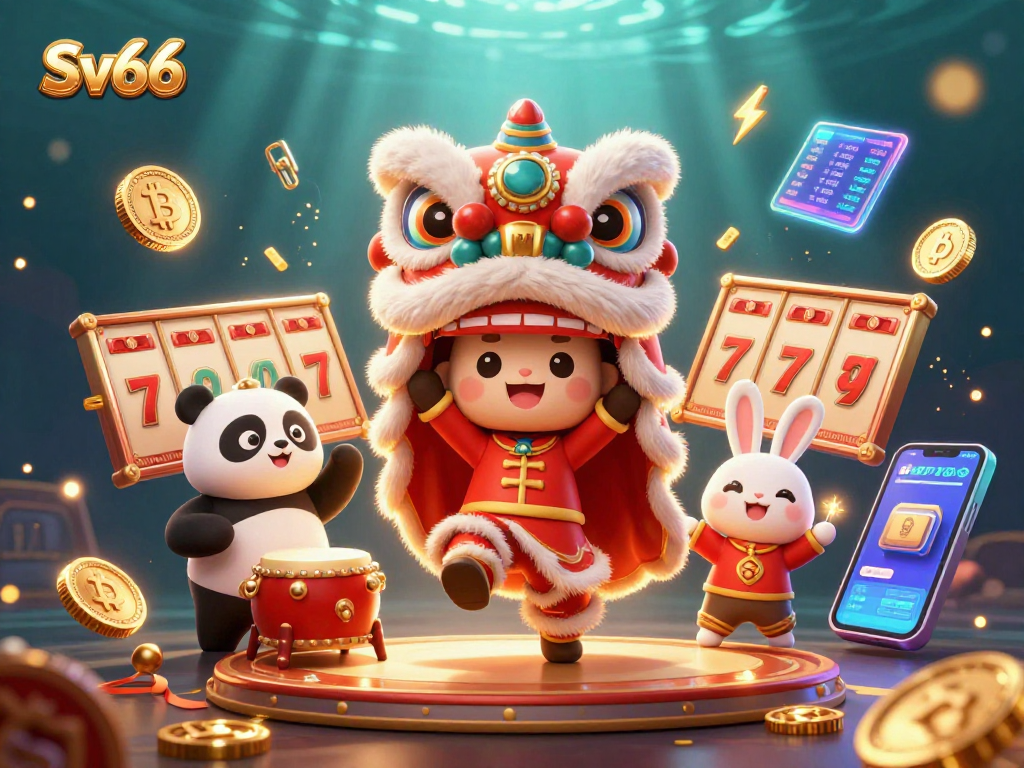 Experience thrilling gameplay at Sv66 with vibrant characters, slot reels, and glowing crypto coins.