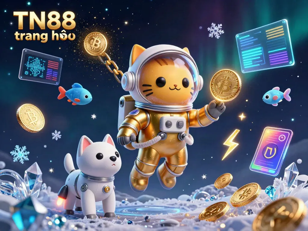 Engage with the vibrant TN88 trang chủ illustrated scene featuring a 3D astronaut cat, golden coins, and dynamic game elements.
