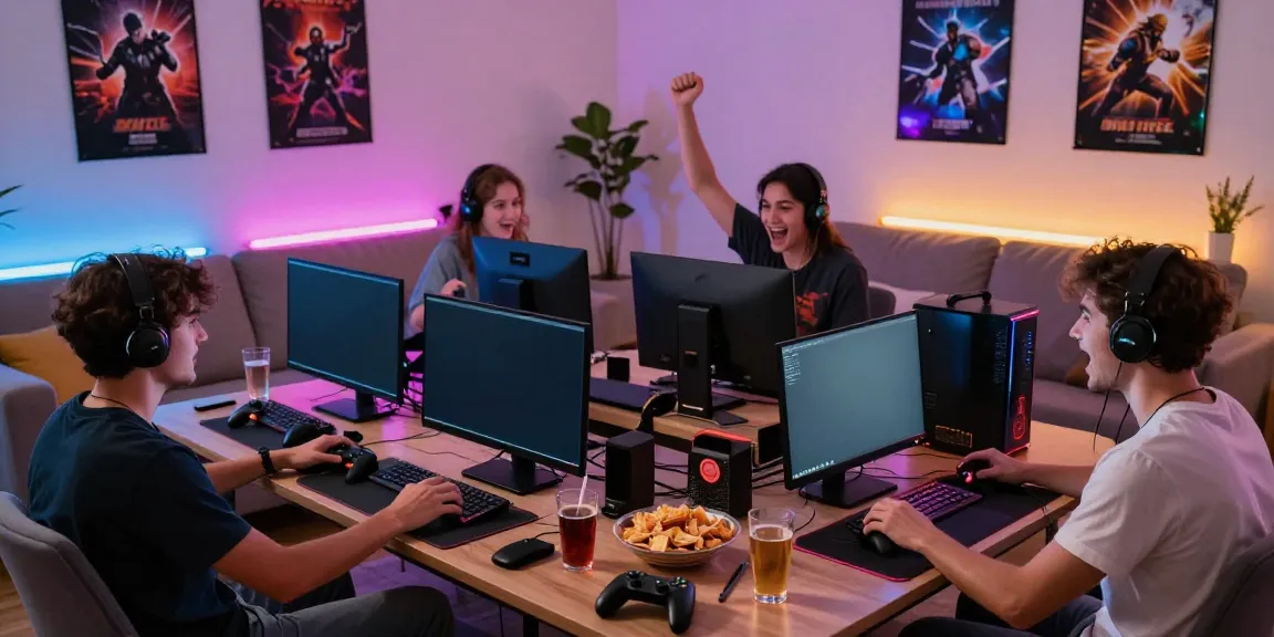 Friends enjoying HITCLUB gaming experience in a vibrant living room setting.
