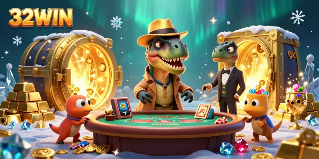 Experience the thrill of gaming with 32WIN's vibrant casino scene featuring a velociraptor card counter.