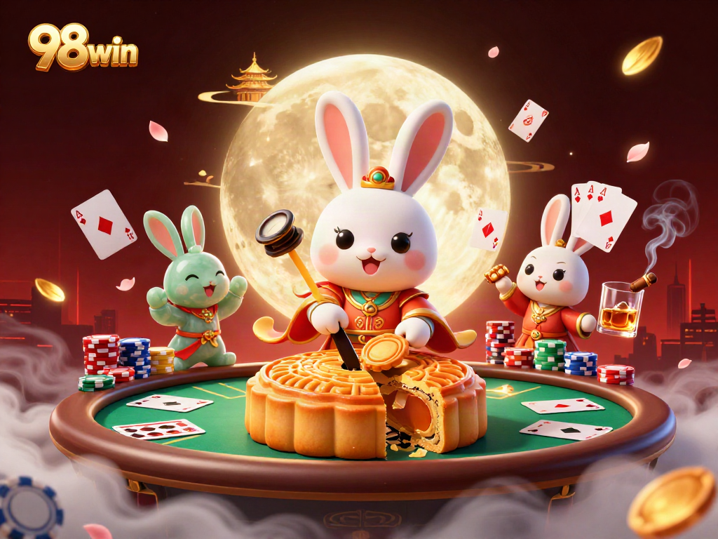 Play poker with 98win under a whimsical moonlit scene featuring a cartoon moon rabbit.