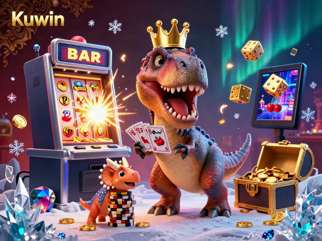 Kuwin's casino world featuring a T-Rex card player and baby triceratops stacking chips in a vibrant jackpot scene.