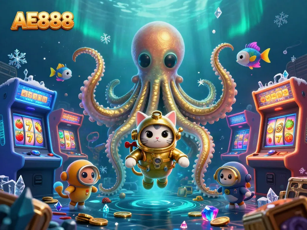 Experience the excitement of gaming with AE888, as the kraken and diving cat celebrate casino wins under the sea.