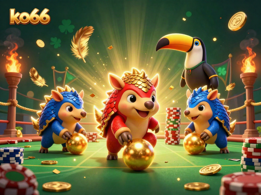 Immerse in a dynamic ko66 casino scene with rival pangolins bowling through poker chips.