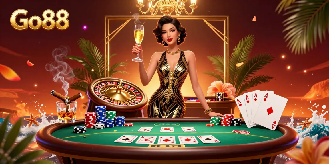 Experience the thrill of Go88 with elegant gaming elements and a glamorous atmosphere, showcasing an Asian woman's luxurious casino charm.