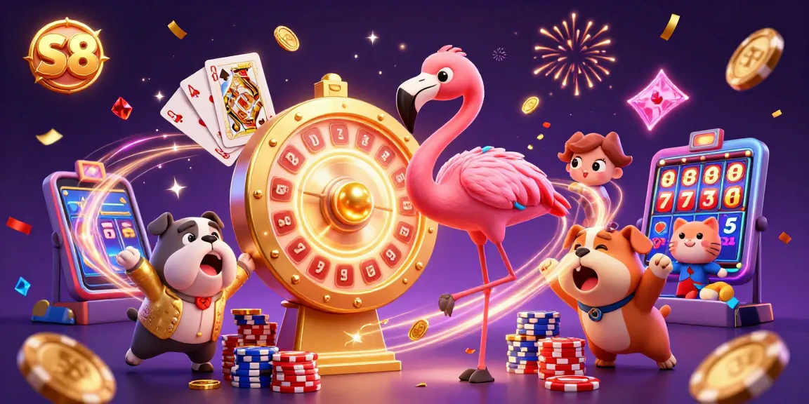 S8 casino scene with a game show host flamingo, excited bulldog contestant, and rewards scoreboard cat.