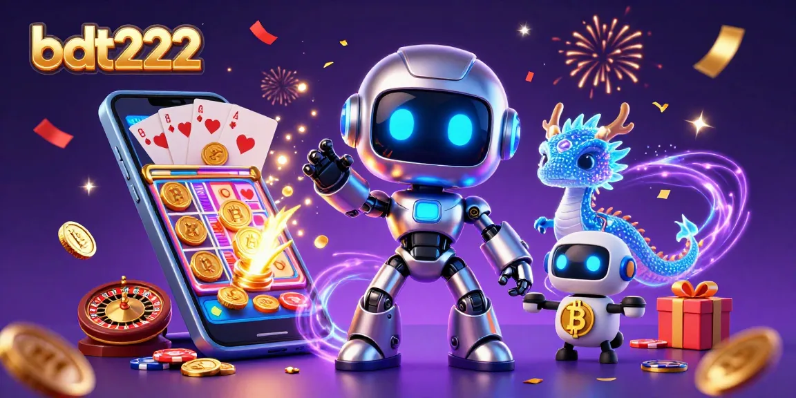 Engage in winning strategies with bdt222's vibrant 3D casino illustration featuring colorful slot games and unique characters.