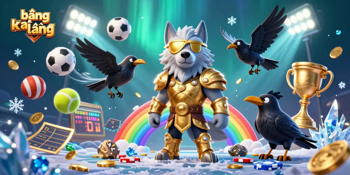 Dynamic illustration of bảng xếp hạng featuring sports balls and a trophy amid vibrant casino elements.