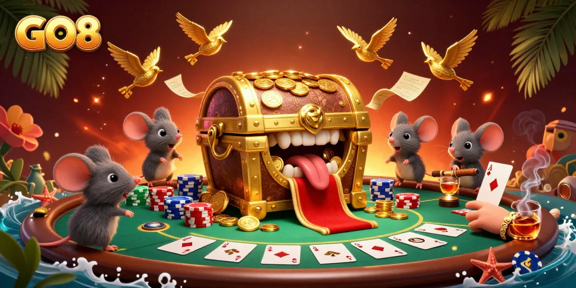 Engage with the thrilling GO8 casino scene featuring a treasure chest and dynamic poker elements.