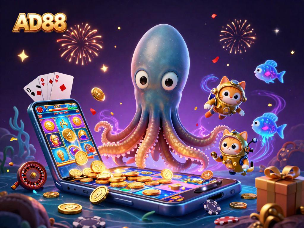 Play big at AD88 with a colossal kraken and diving cat amidst rich casino elements for a thrilling experience.
