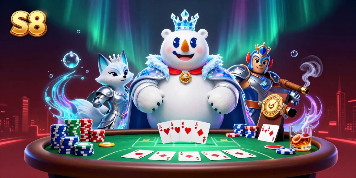 S8 engages players with thrilling poker moments alongside a magical ice king and snow fox in an exhilarating casino scene.