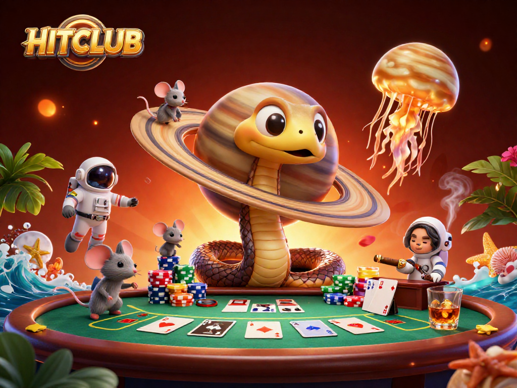 Experience thrilling bets on HITCLUB with vibrant space-themed casino elements and engaging characters.