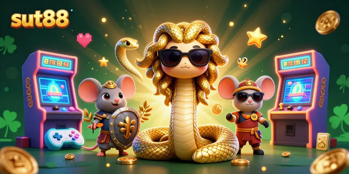 Sut88 showcases a vibrant 3D casino illustration featuring Medusa and a warrior mouse, surrounded by dynamic game elements.