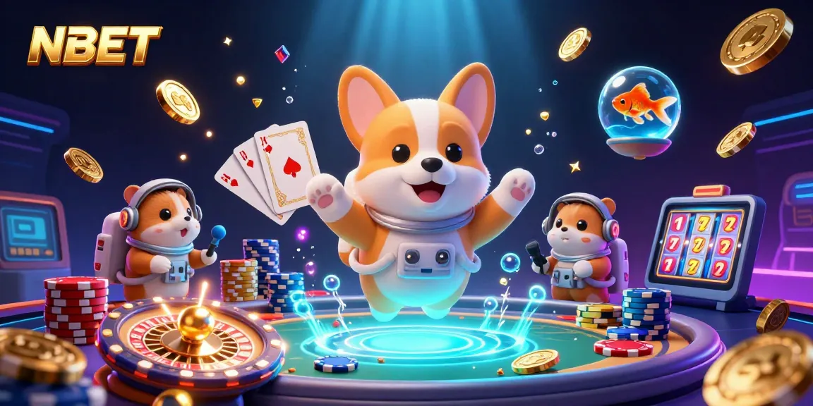 Engage with NBET in an interactive casino cosmos featuring dynamic characters and vibrant game elements.
