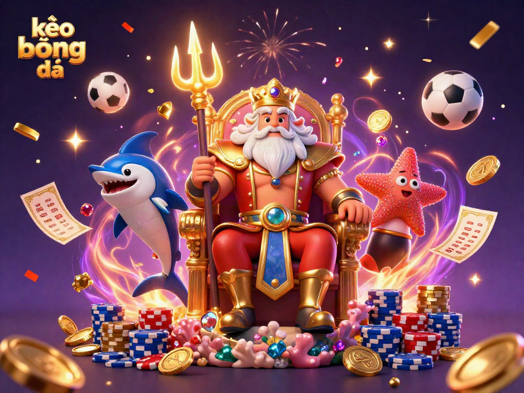 Bet on kèo bóng đá with Neptune, betting slips, and sports elements, illustrated in vibrant 3D.