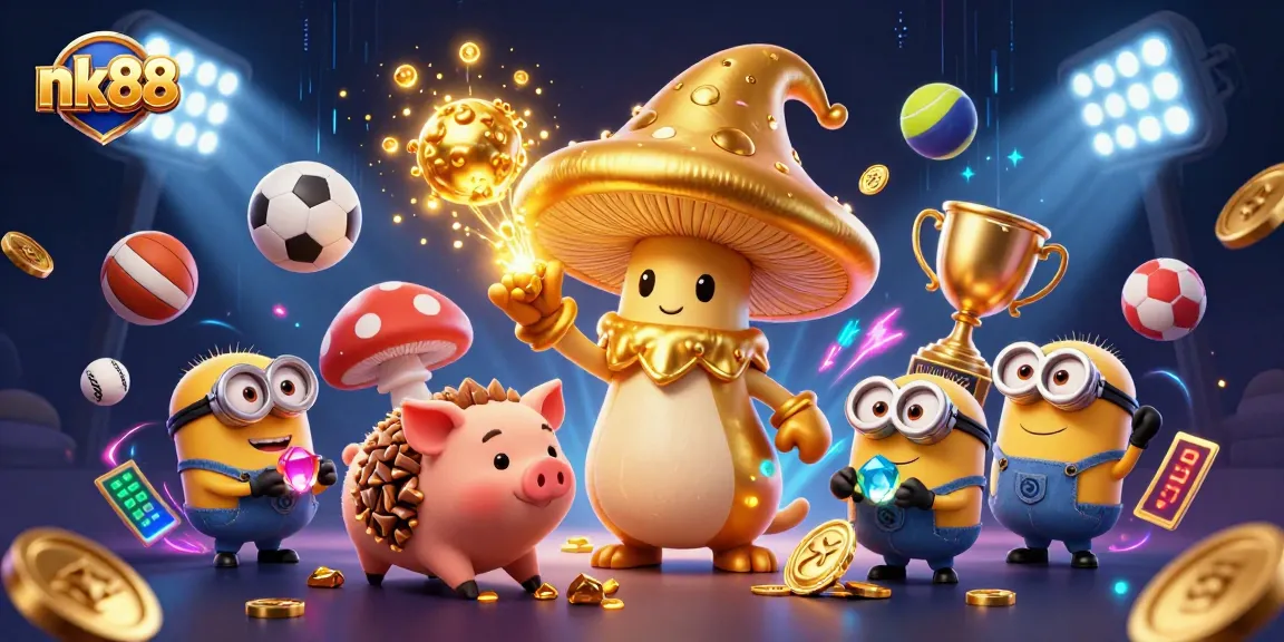 nk88 reveals a magical casino scene with sports elements and vibrant characters, enticing players.