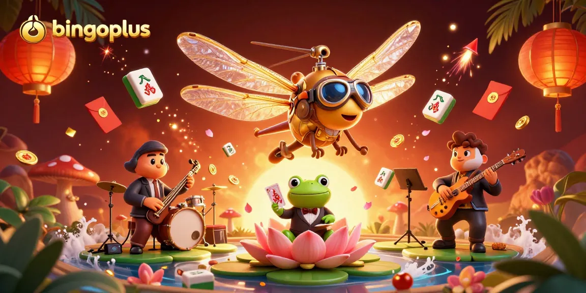 Experience the thrill of bingoplus with vibrant 3D casino imagery featuring a dragonfly pilot and frog croupier.