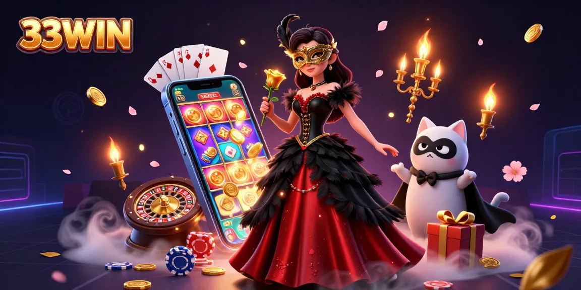Play exciting slot games with 33WIN as a stunning woman holds a golden rose in a vibrant casino.