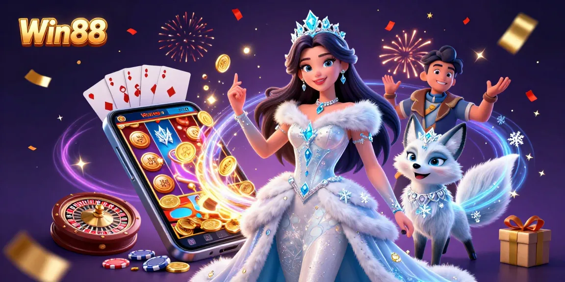 Win88 slot gaming adventure featuring stunning characters and dynamic casino elements.