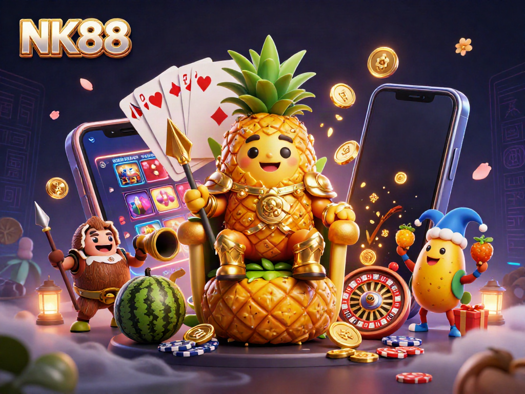 Experience thrilling gameplay with NK88 as the pineapple king reigns in a vibrant casino scene.