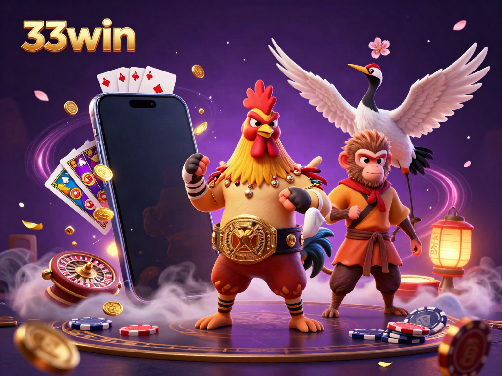 Experience the excitement of 33win with a dynamic casino scene featuring vibrant characters and gaming elements.