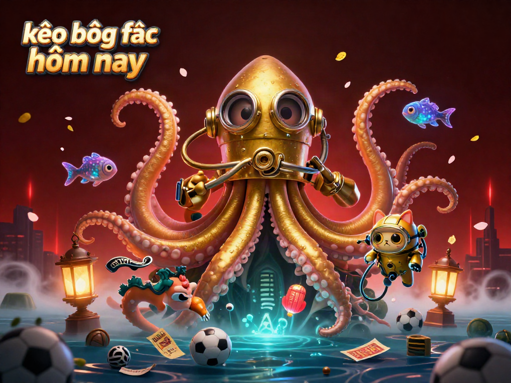 Engage in kèo bóng đá hôm nay with vibrant 3D illustration featuring kraken, a diving cat, and sports elements.