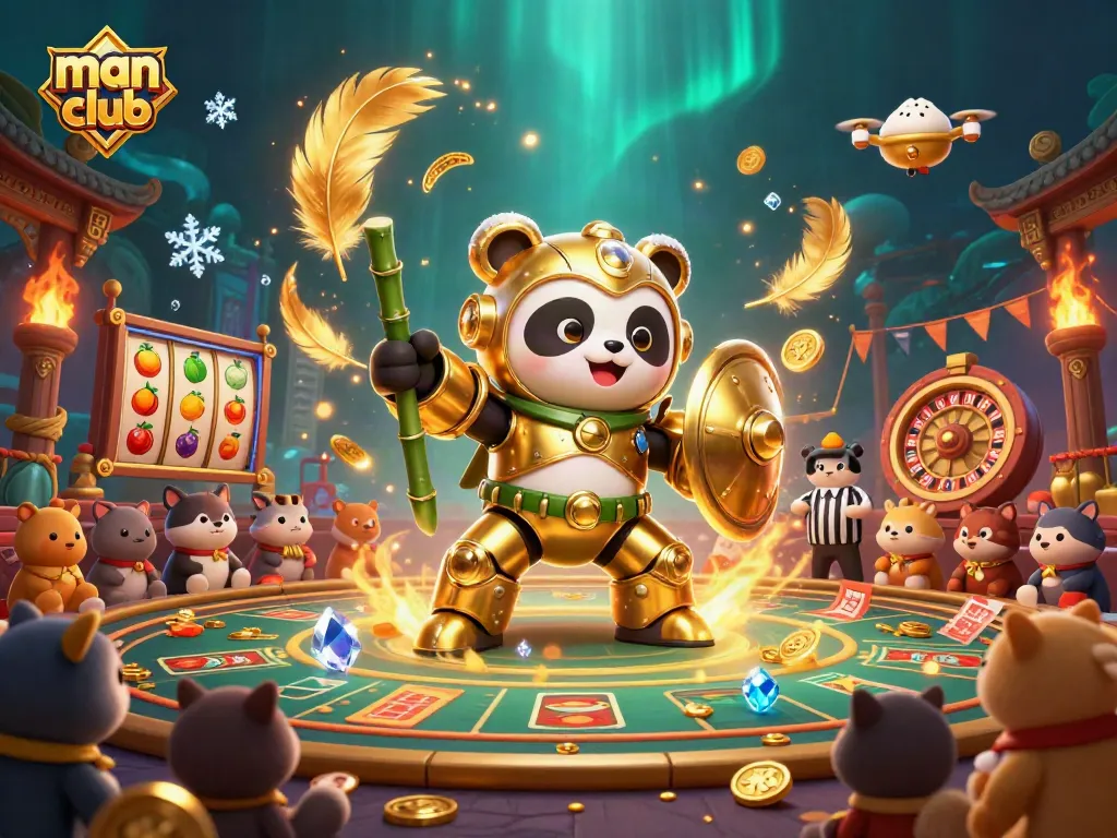 Engaging visual of man club with golden panda in mech-suit amidst a lively casino arena featuring slot elements and cheering spectators.