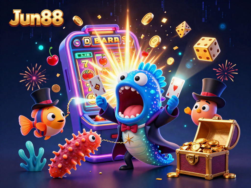 Engage with exciting casino experiences at Jun88 with a vibrant 3D scene of animated sea creatures and dynamic symbols.