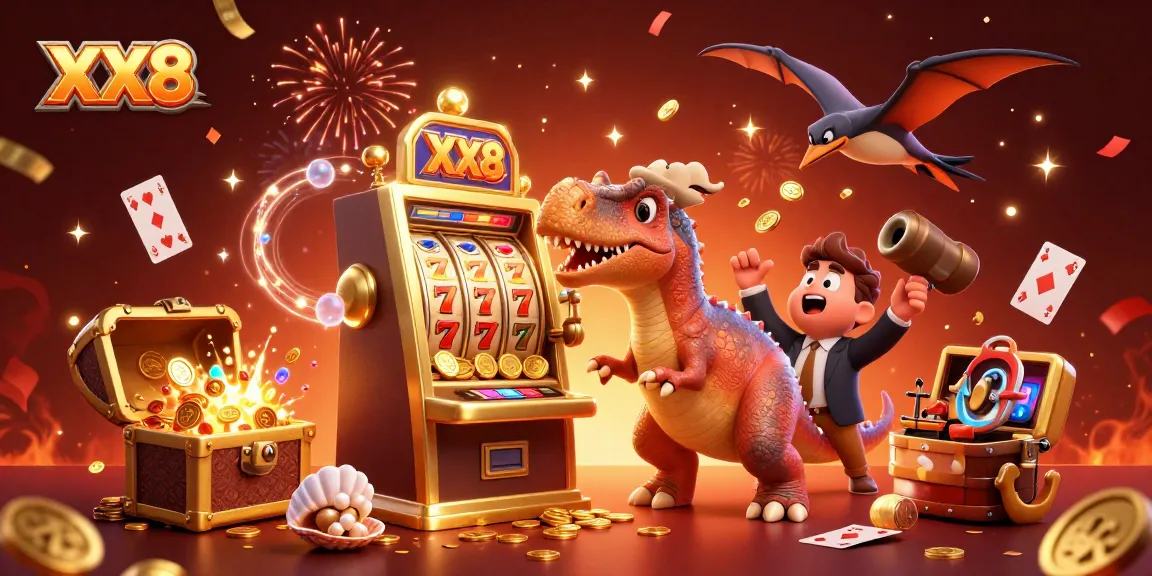XX8 casino scene showcasing a pachycephalosaurus, slot machine jackpot, and flying coins.