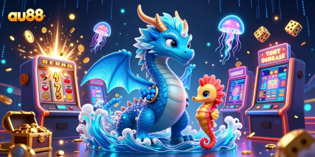 Experience the thrill at au88 casino with vibrant 3D illustrations featuring dragons and slot machines.