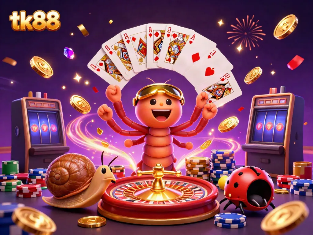 Experience the excitement of tk88 with a dynamic casino scene featuring a cartoon dealer, snail high-roller, and vibrant chips.
