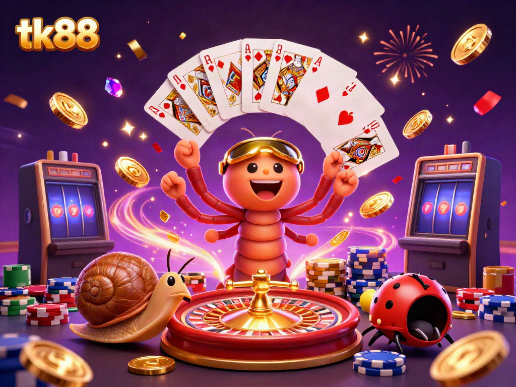 Experience the excitement of tk88 with a dynamic casino scene featuring a cartoon dealer, snail high-roller, and vibrant chips.