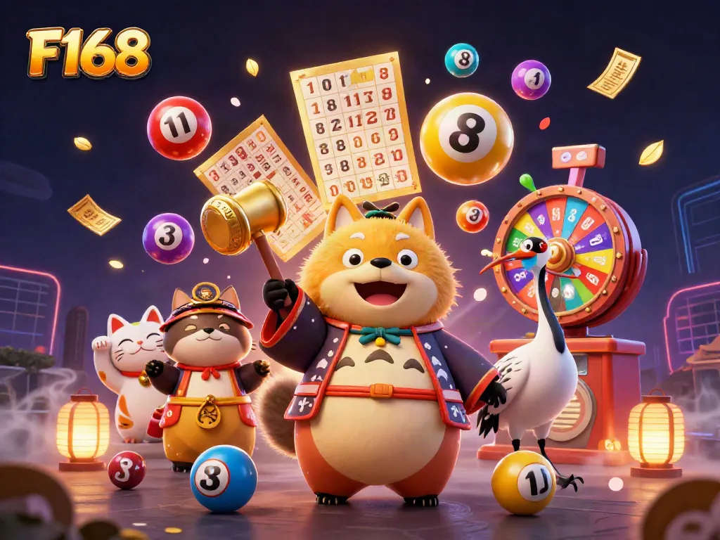 Engage with F168's vibrant casino scene featuring dynamic lottery elements and cheerful characters.