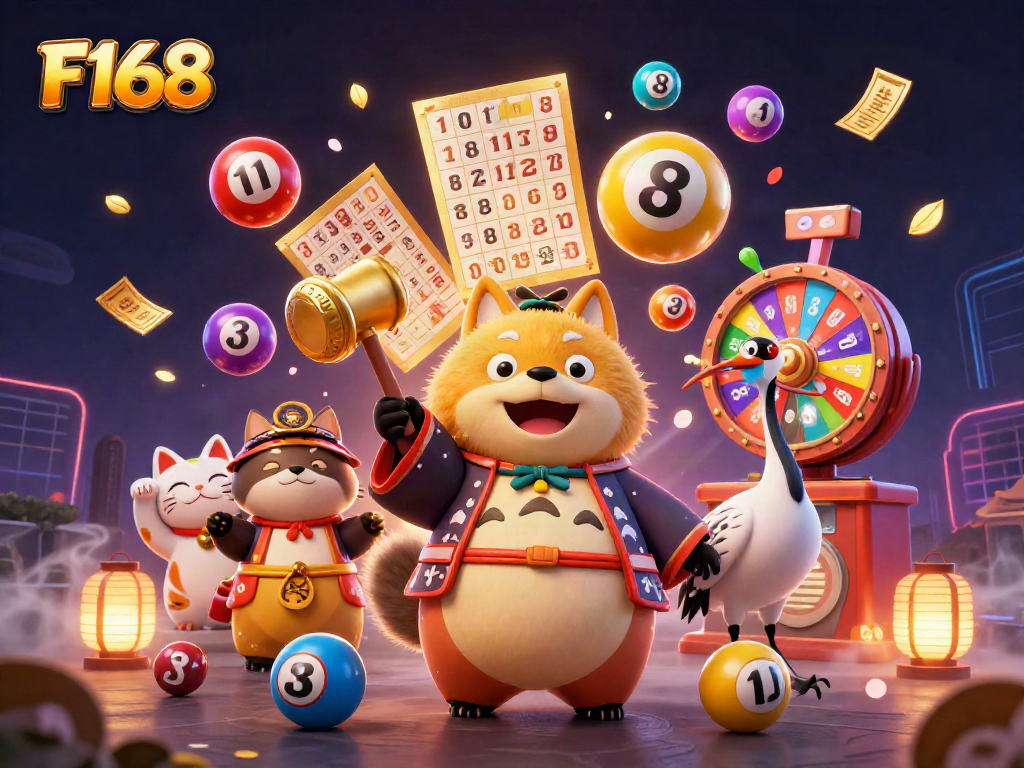 Engage with F168's vibrant casino scene featuring dynamic lottery elements and cheerful characters.