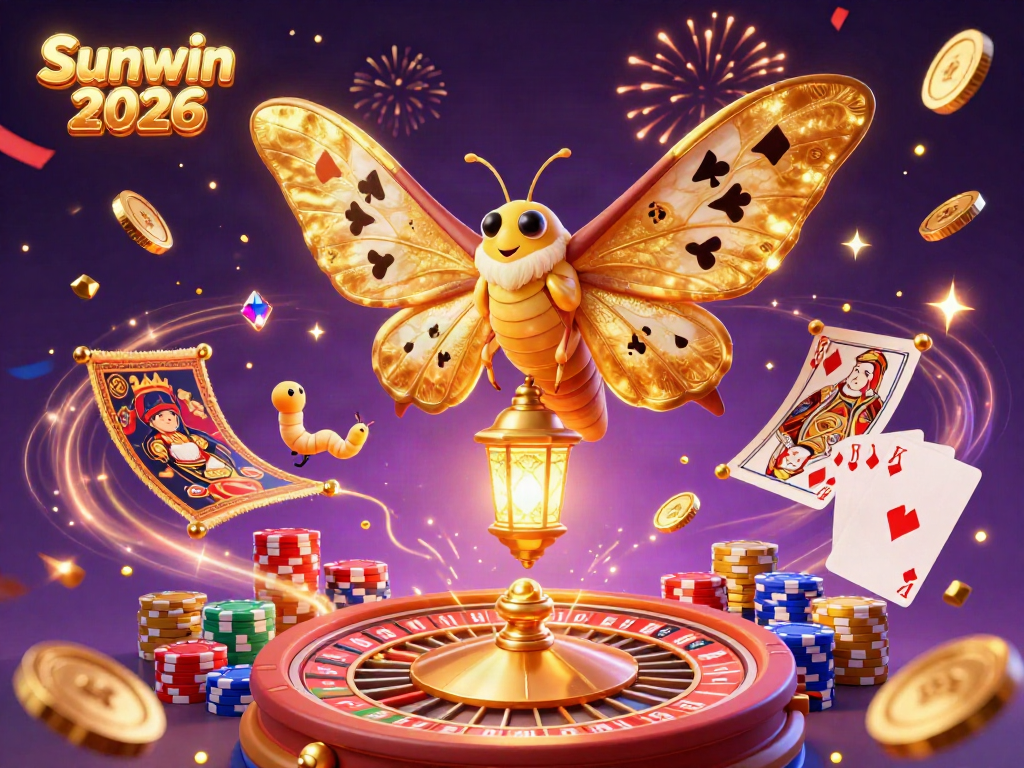 Engage with Sunwin 2026's vibrant casino scene featuring a majestic atlas moth, cascading coins, and a lively roulette wheel.