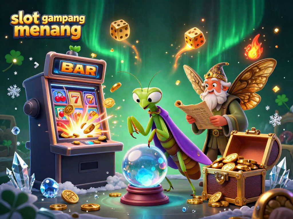 Experience the thrill with slot gampang menang, featuring a fortune teller and librarian in a colorful casino scene.