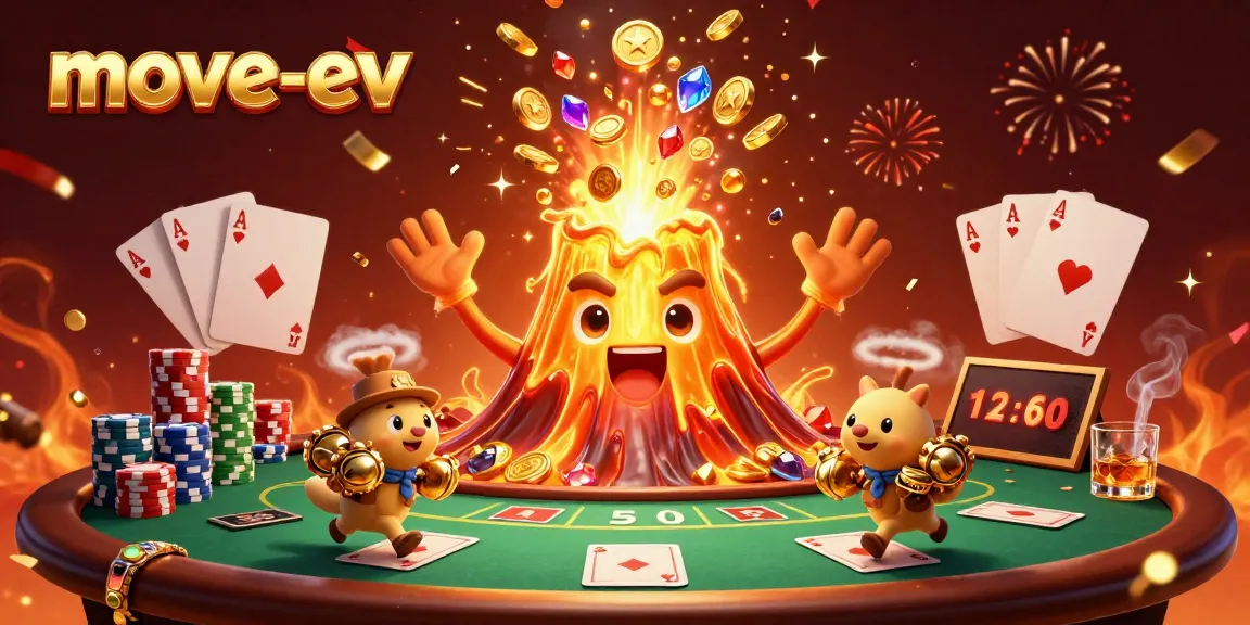 Experience gaming excitement with move-ev's golden volcano erupting coins, poker elements, and winning moments.