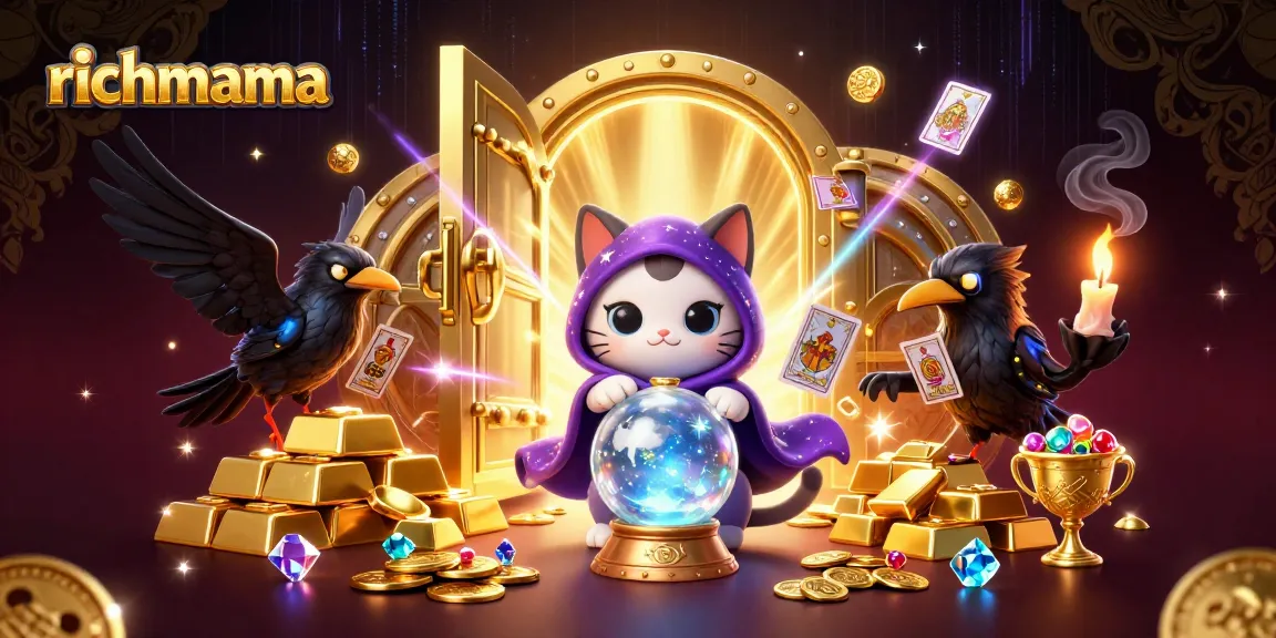 Engage in richmama casino adventures with a mystic cat and treasure-filled scene.