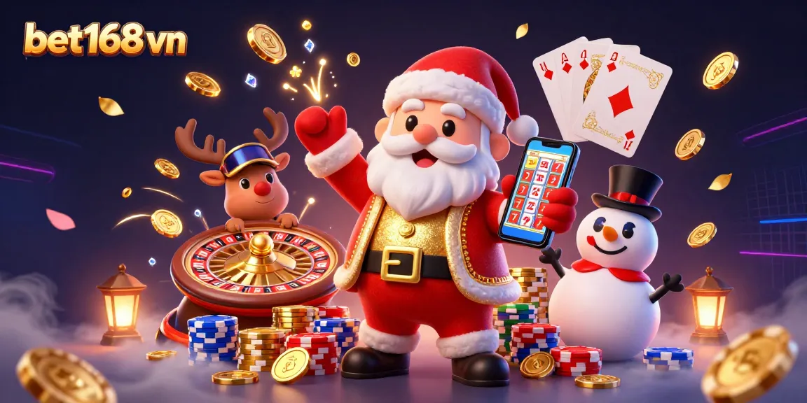 Experience the excitement of bet168 vn with a cheerful Santa in a casino, surrounded by winning elements.