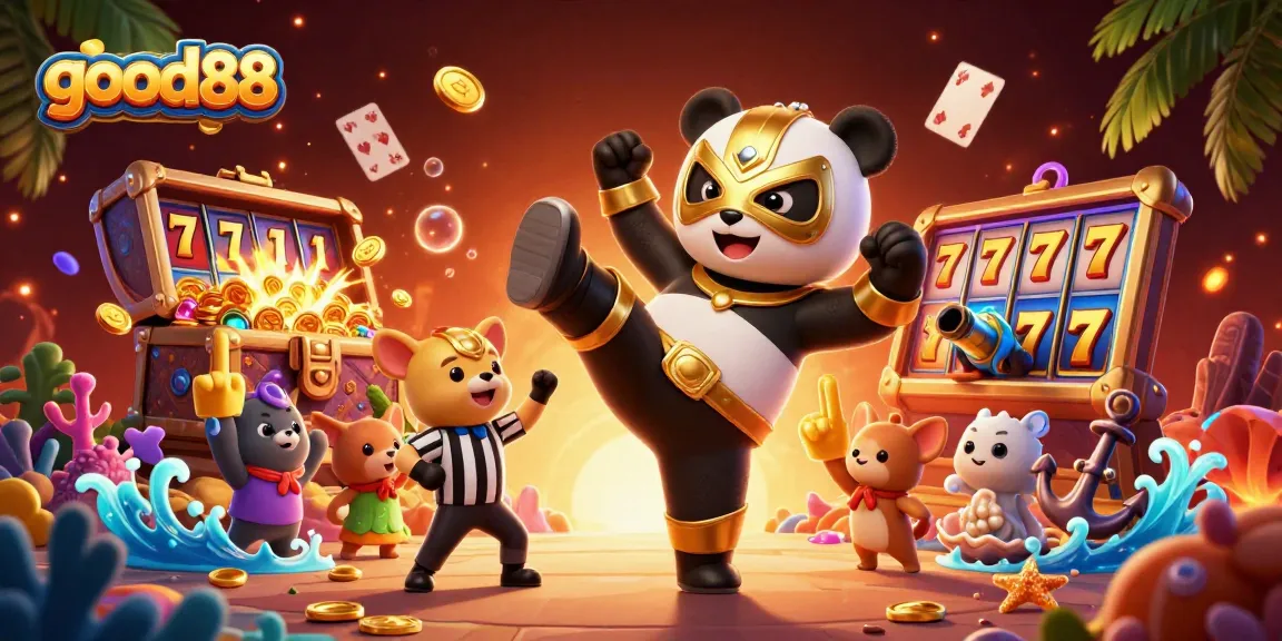 Experience the excitement of good88 with a vibrant 3D scene of animated characters, slot games, and a lively crowd.