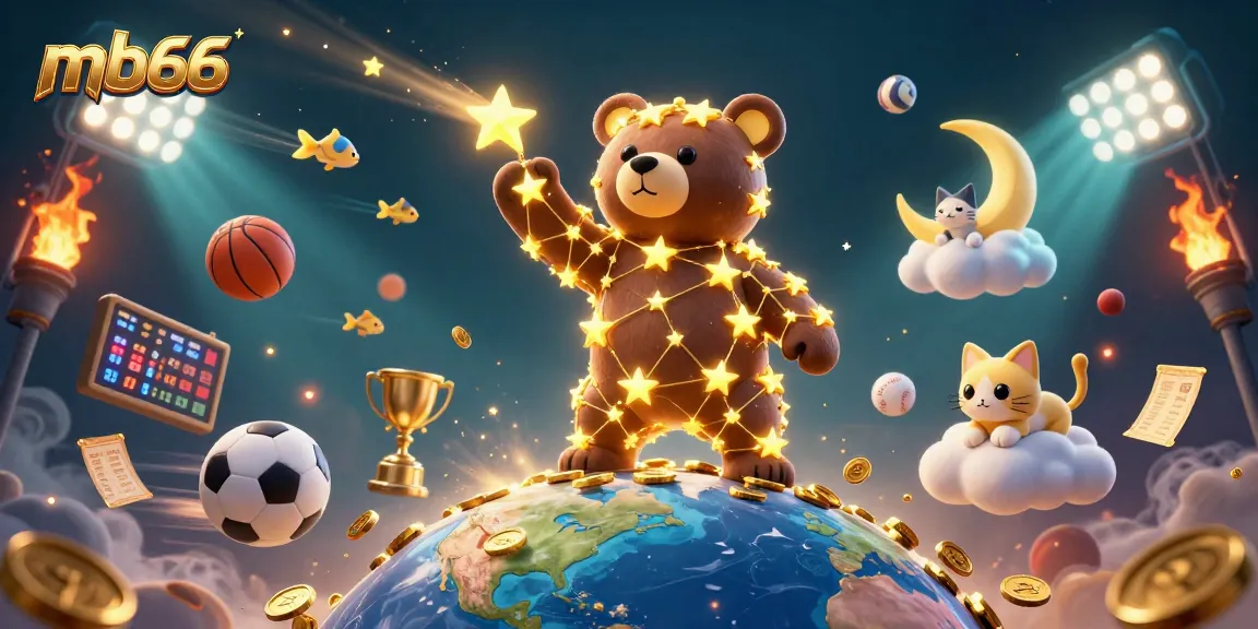 Experience thrilling gameplay at mb66 with a cartoon bear scooping coins under the stars, embodying excitement.
