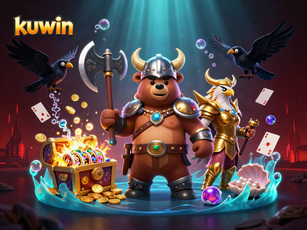 Kuwin showcases an epic gaming scene with a Viking bear and treasures, highlighting casino energy.