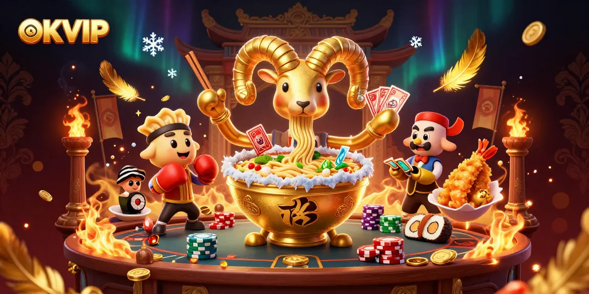 Engage with the dynamic scene at OKVIP showcasing a golden ramen bowl dealer amidst a vibrant casino atmosphere.